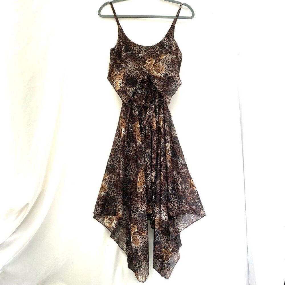 VTG Y2K Womens Cheetah Print Sheer Dress 5/6 Handkerchief Hem Fairy Boho Animal